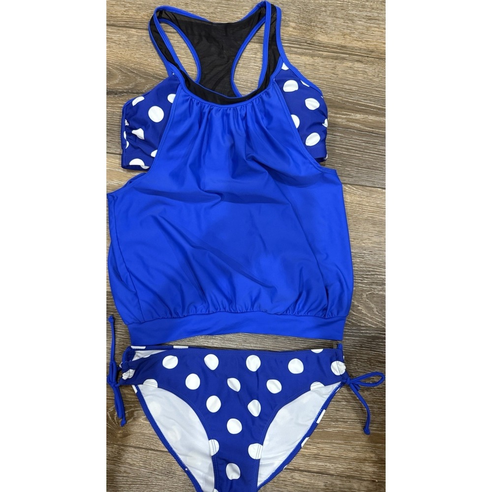 Women's 2 Pc Tankini Swimsuit Set Blue White Polka Dot Size M Bikini Bottom